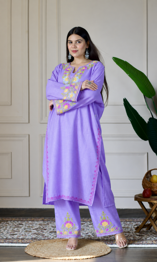Lavender Kashmiri Aari Embroidered  Kurta Set