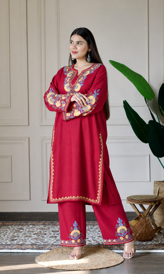 Maroon Kashmiri Aari Embroidered  Kurta Set