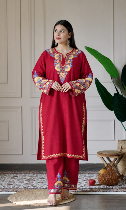 Maroon Kashmiri Aari Embroidered  Kurta Set