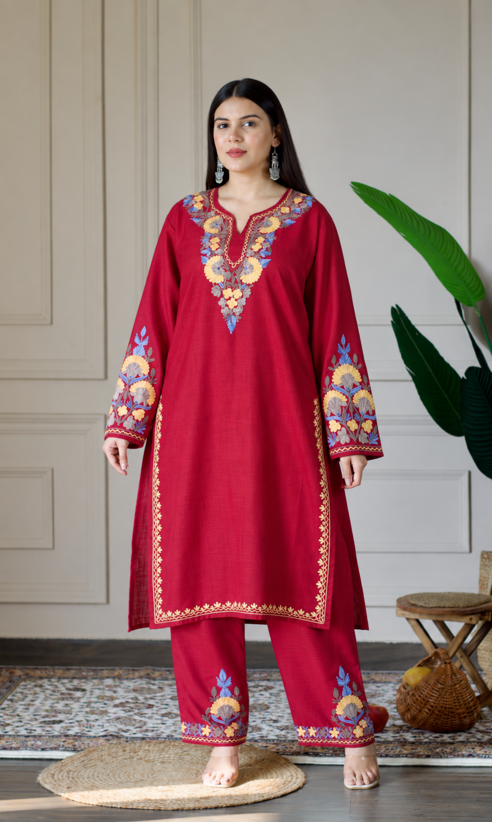 Maroon Kashmiri Aari Embroidered  Kurta Set