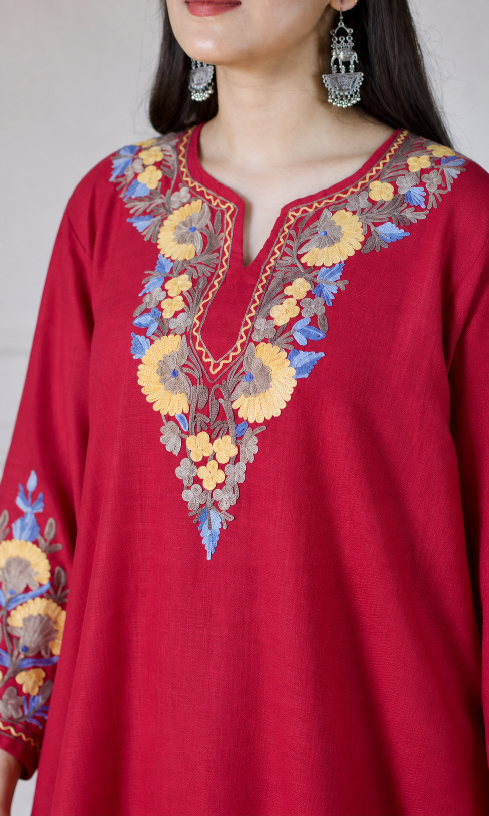 Maroon Kashmiri Aari Embroidered  Kurta Set