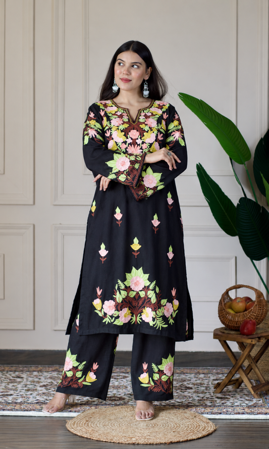 Black Kashmiri Aari Embroidered Kurta Set
