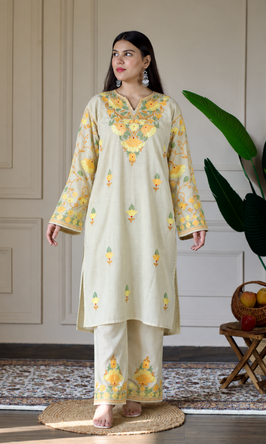 Beige Kashmiri Aari Embroidered  Kurta Set