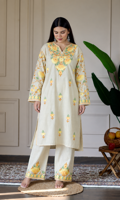 Beige Kashmiri Aari Embroidered  Kurta Set