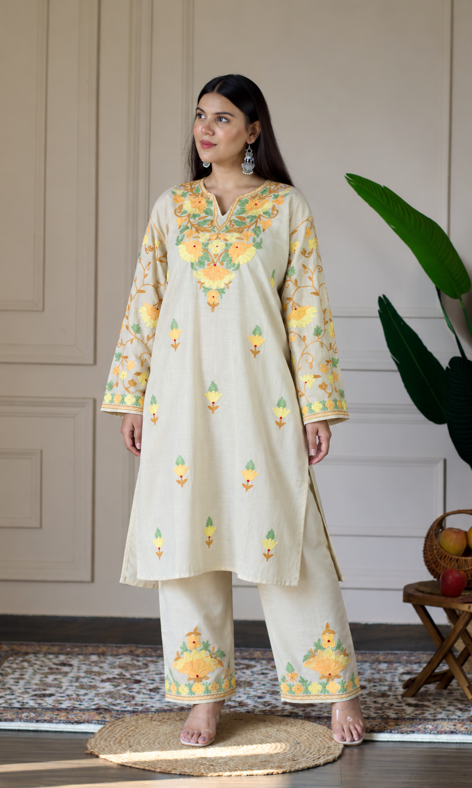 Beige Kashmiri Aari Embroidered  Kurta Set