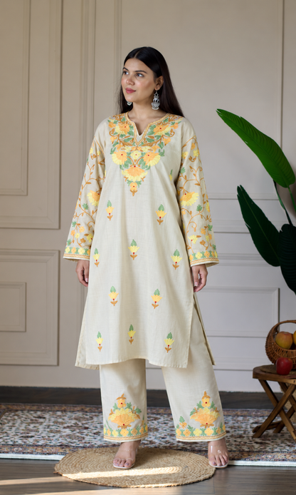 Beige Kashmiri Aari Embroidered  Kurta Set