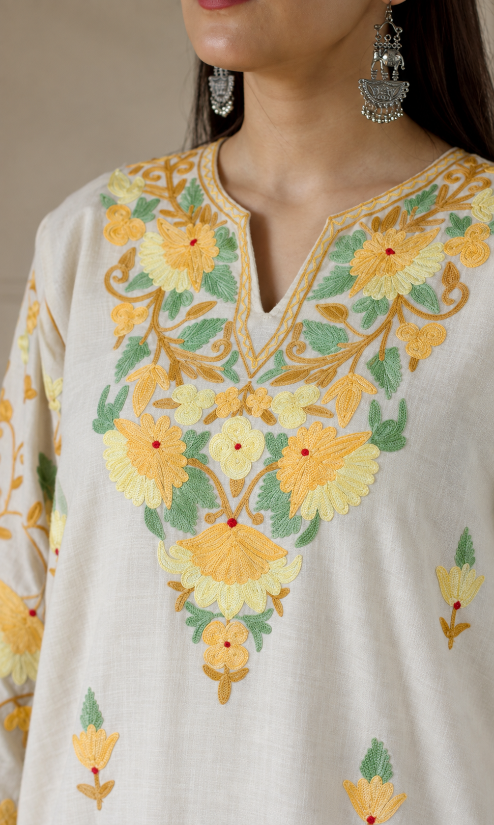 Beige Kashmiri Aari Embroidered  Kurta Set