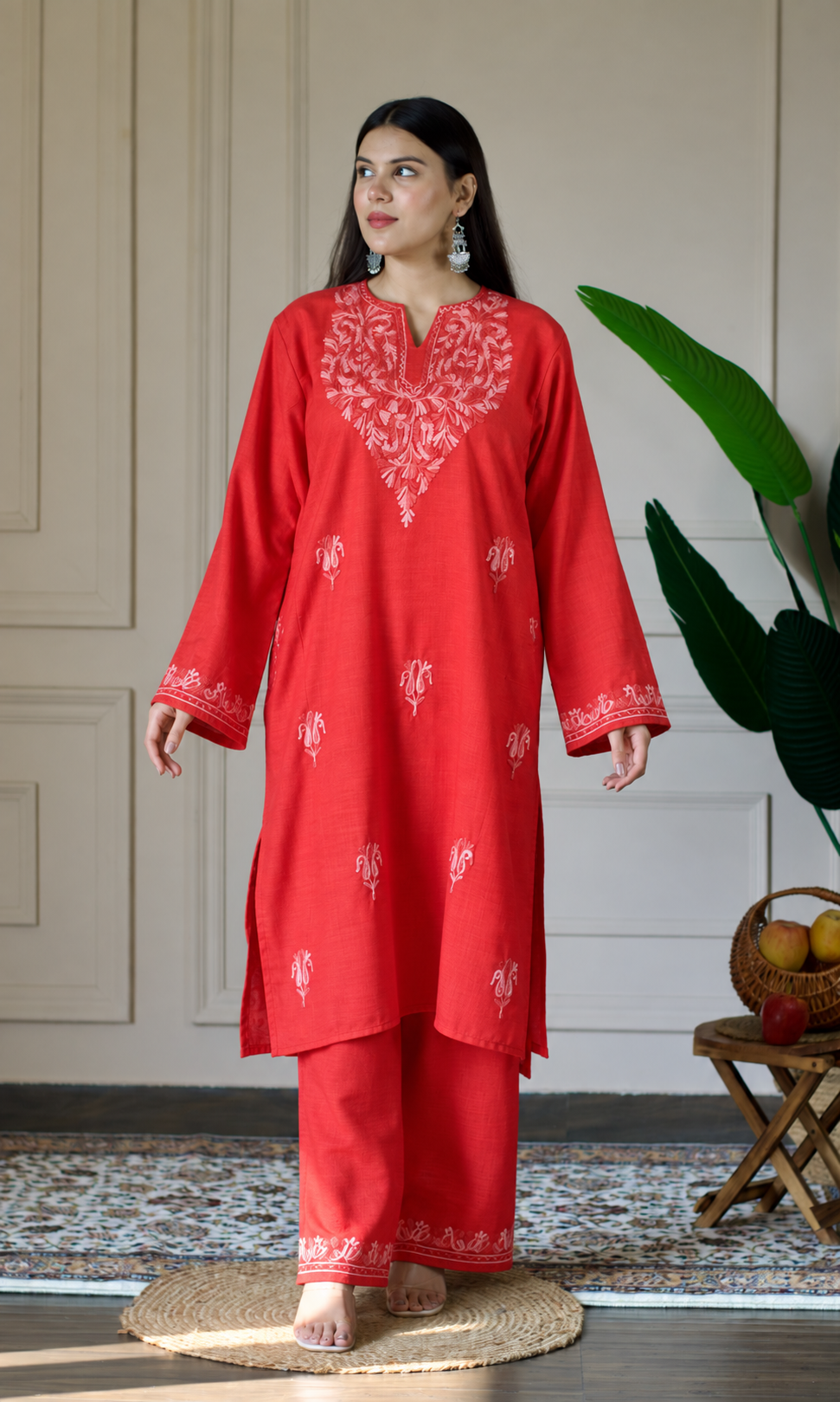 Red Kashmiri Aari Embroidered  Kurta Set