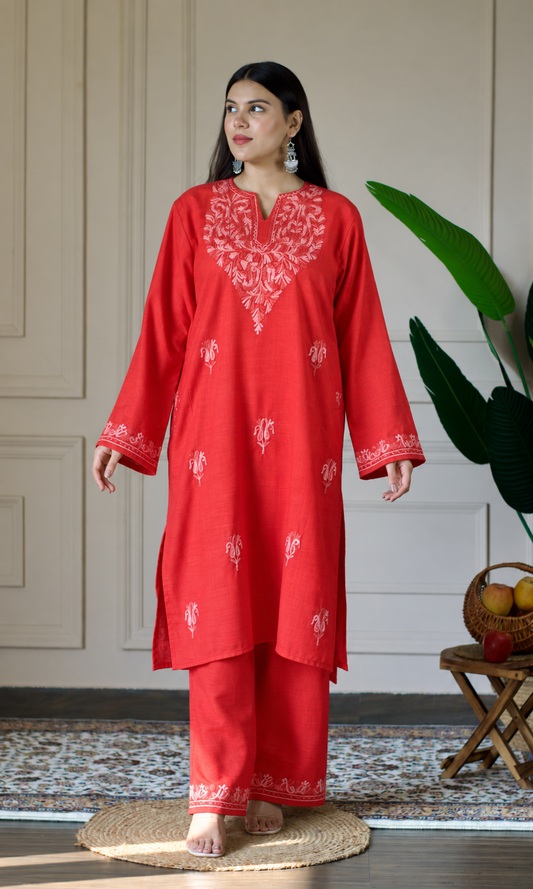 Red Kashmiri Aari Embroidered  Kurta Set
