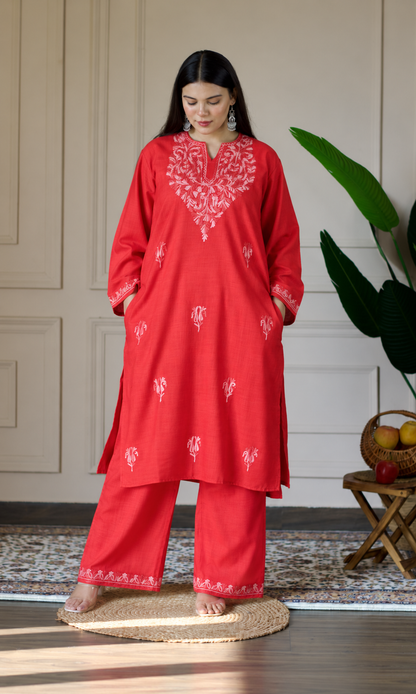 Red Kashmiri Aari Embroidered  Kurta Set