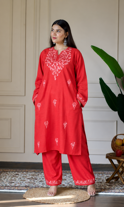Red Kashmiri Aari Embroidered  Kurta Set