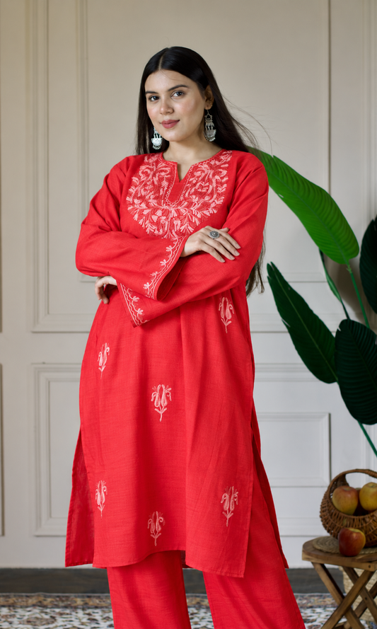 Red Kashmiri Aari Embroidered  Kurta Set