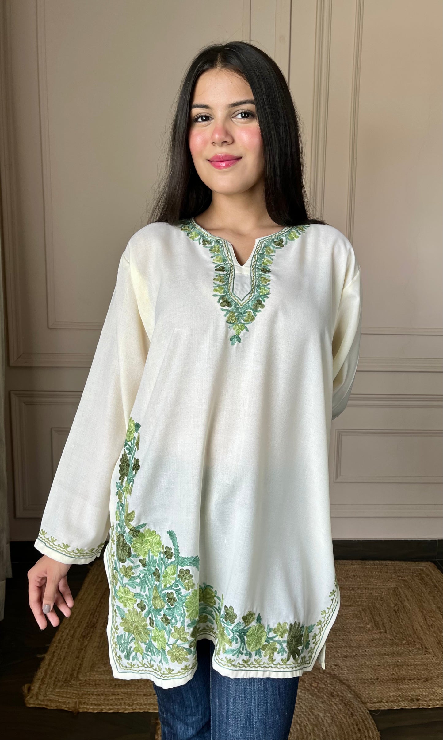 Green Aari Embroidered Off White Short Kurti