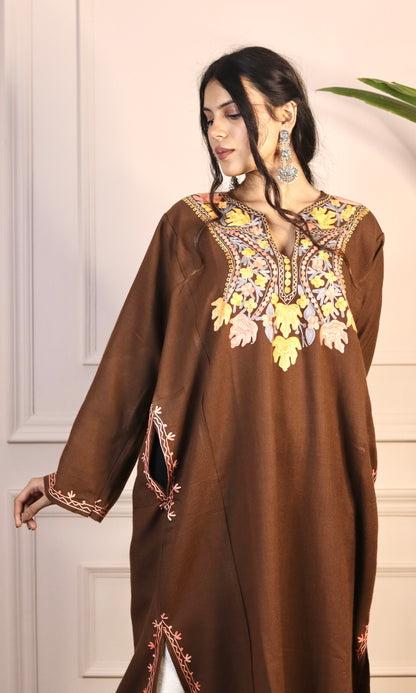 Chocolate Brown Aari Embroidered Fine Cashmilon Pheran