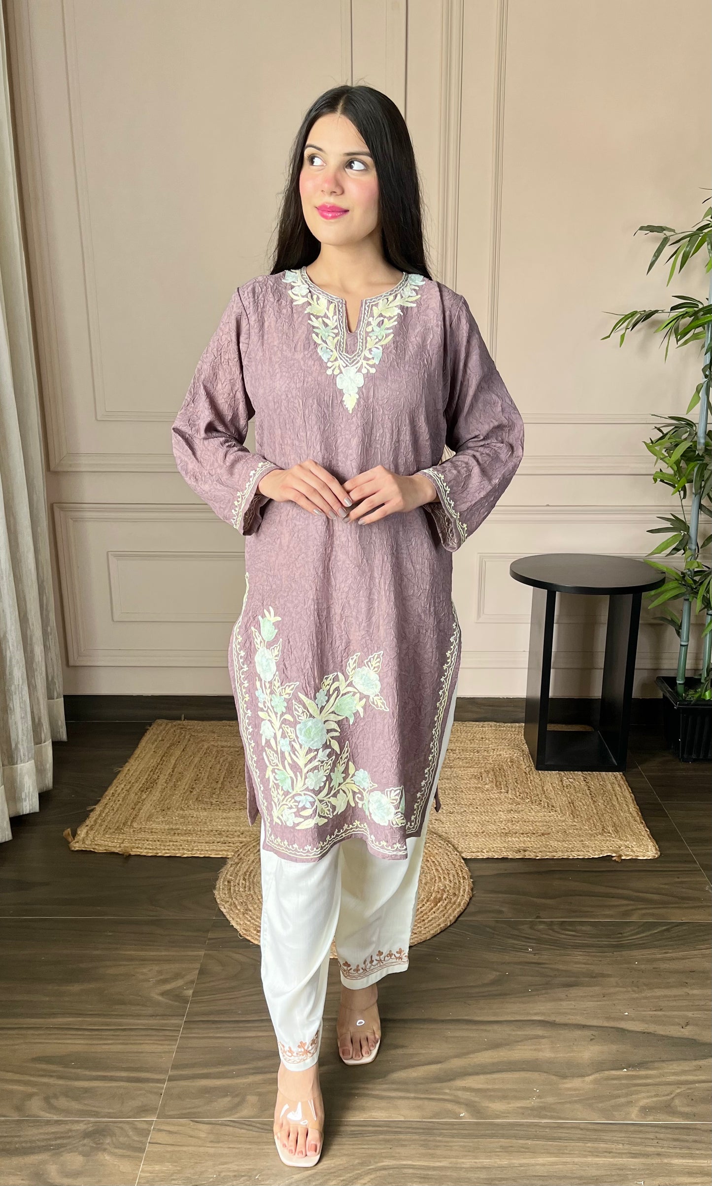 Mauve Aari Embroidered Crushed Cotton Kurti