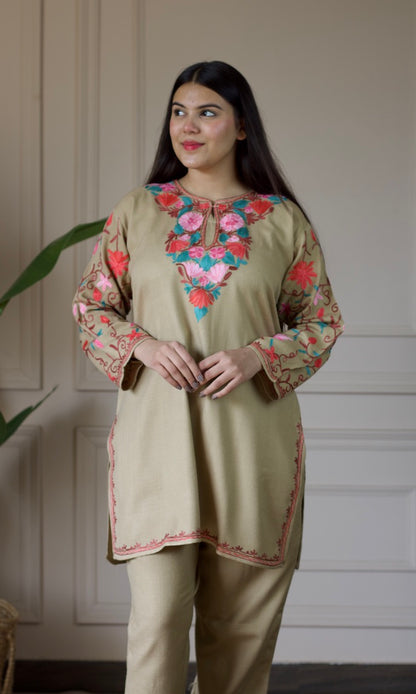 Beige Kashmiri Aari Woollen Co-ord Set – Blush Bloom
