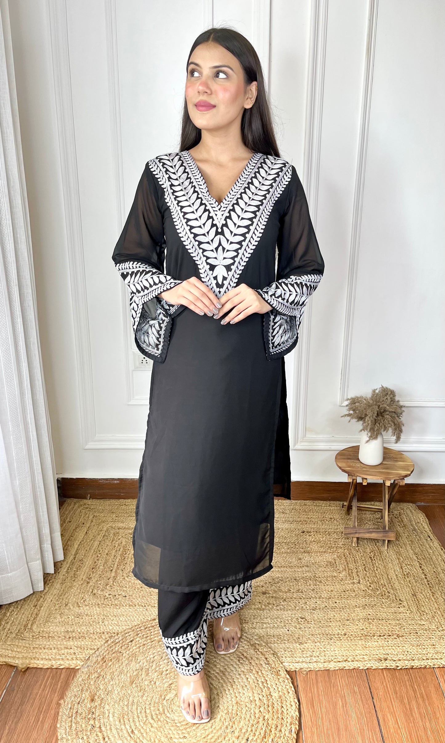 Embroidered Black Georgette Kurta-Pant & Dupatta Set