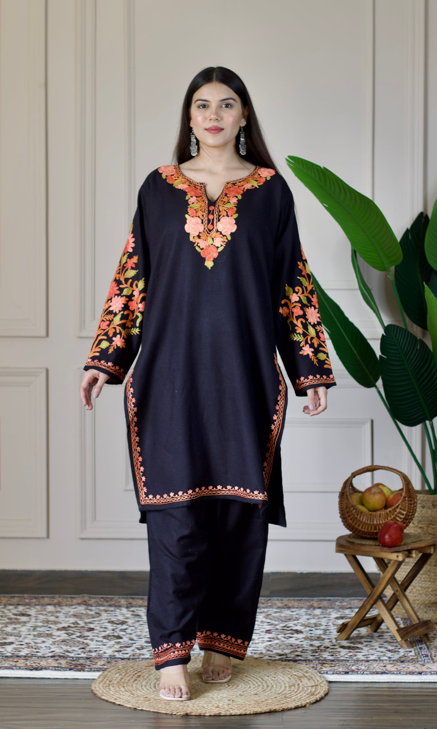 Black Kashmiri Aari Woollen Co-ord Set - Saffron Glow