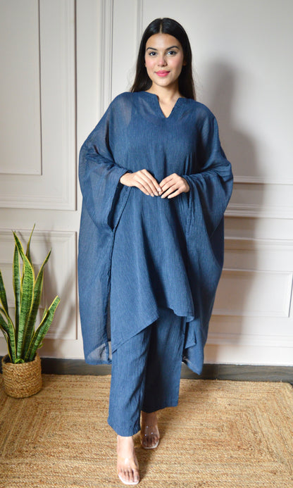 Navy Blue Lining Kaftan Kurta with Pants