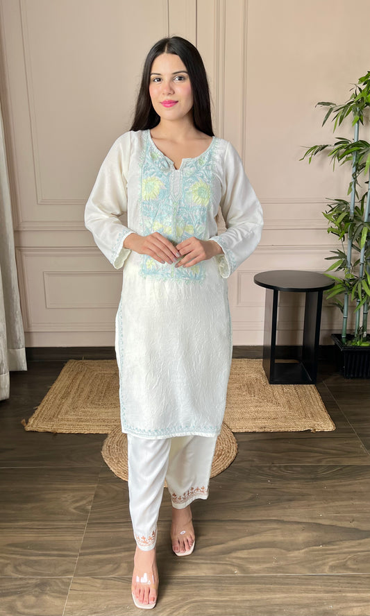 Summer Breeze Aari Embroidered White Crushed Cotton Kurti