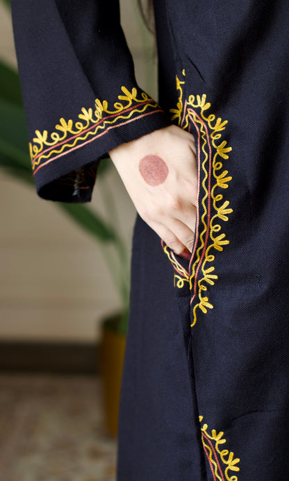 Saffron Glow Aari Embroidered Black Fine Cashmilon Pheran