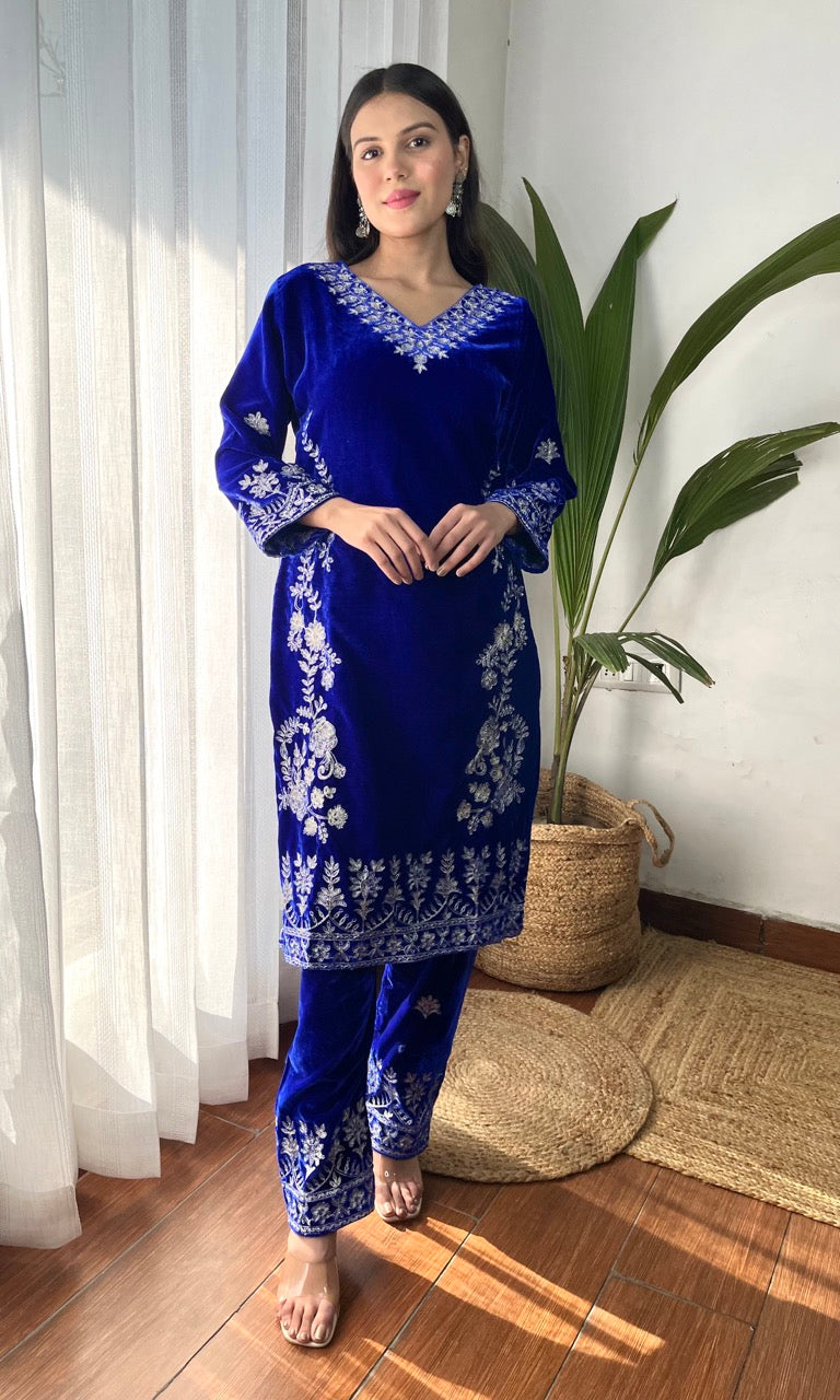 Blue Velvet Suit with Flowing Dupatta