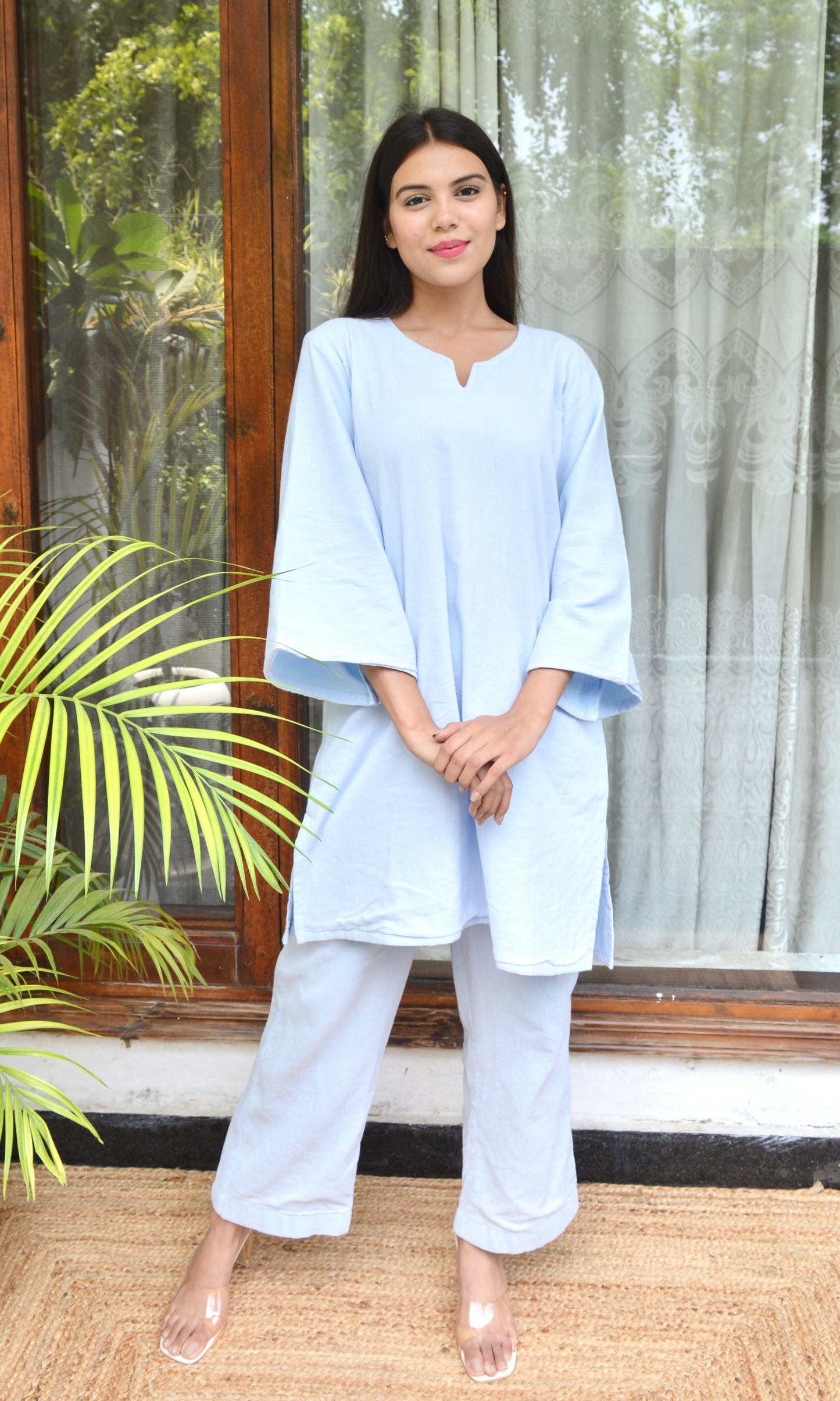 Light Blue Relaxed Fit Co-ord Set with Bell Sleeves