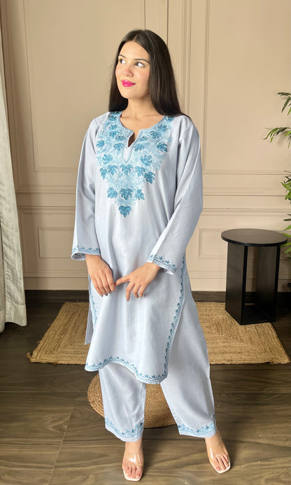 Blue Bliss Aari Embroidered Grey Cotton Co-ord Set