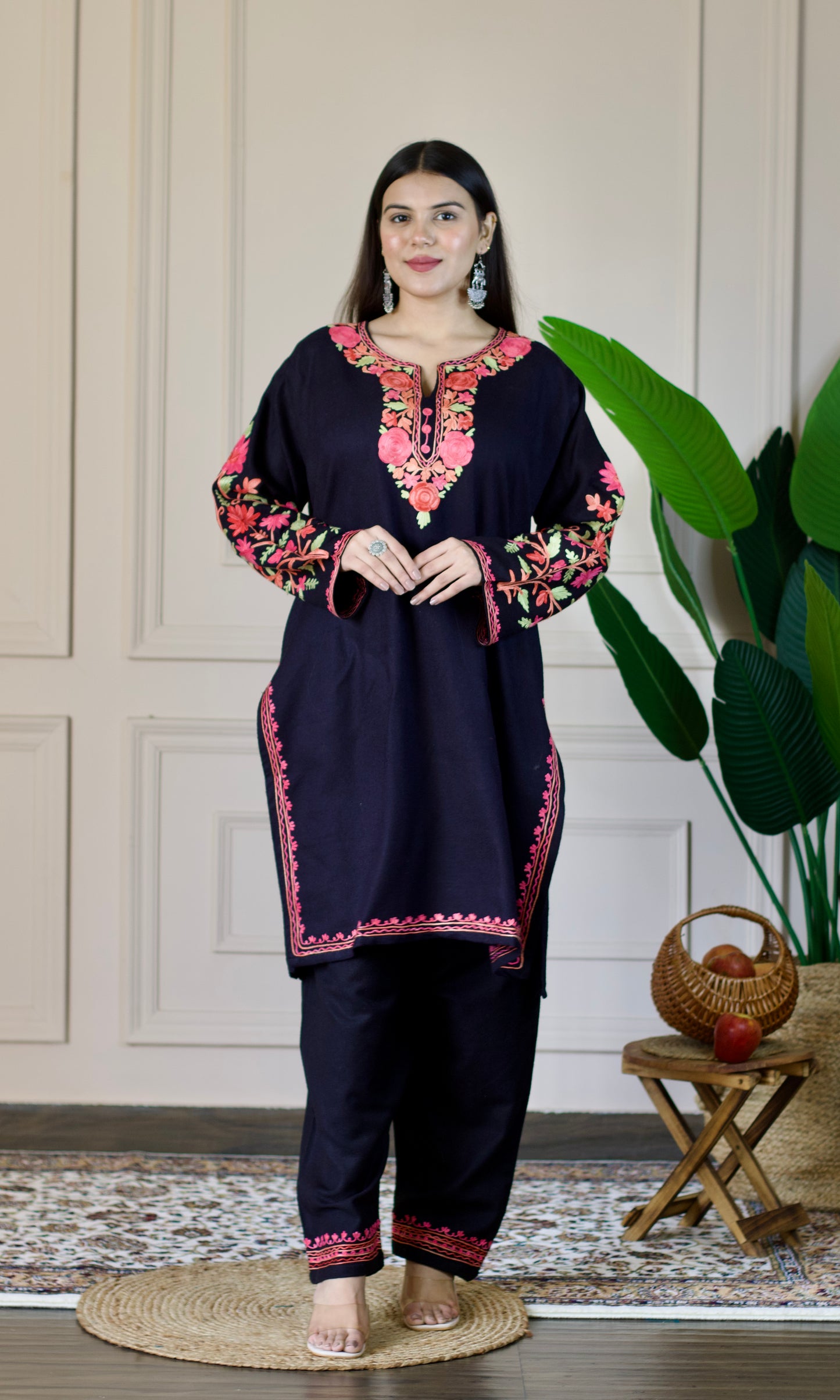 Black Kashmiri Aari Woollen Co-ord Set - Blush Bloom