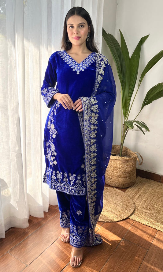 Blue Velvet Suit with Flowing Dupatta