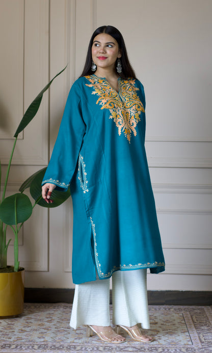 Golden Leaf Aari Embroidered Sea Green Fine Cashmilon Pheran