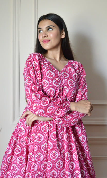 Pink Printed Flared Kurta with Pants