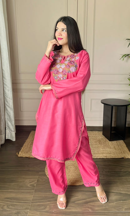 Hot Pink Aari Embroidered Cotton Co-ord Set