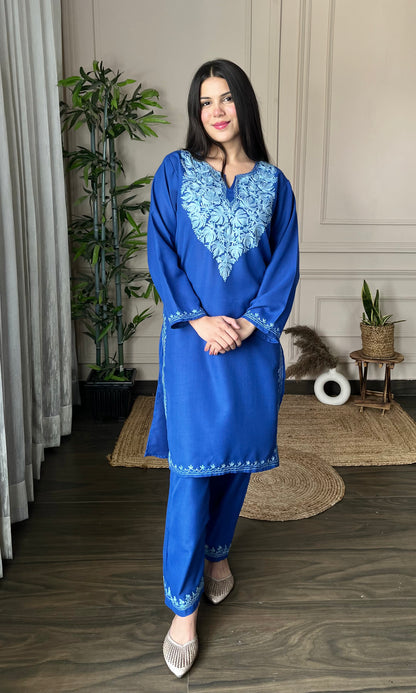 Blue Aari Embroidered Cotton Co-ord Set