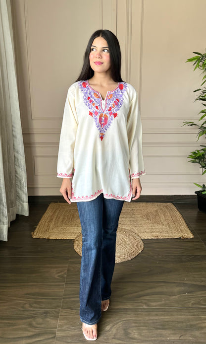 Off White Short Kurti with Vibrant Aari Embroidery