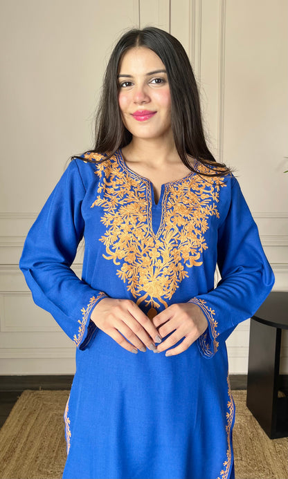 Blue Aari Embroidered Cotton Co-ord Set with Bronze Accents