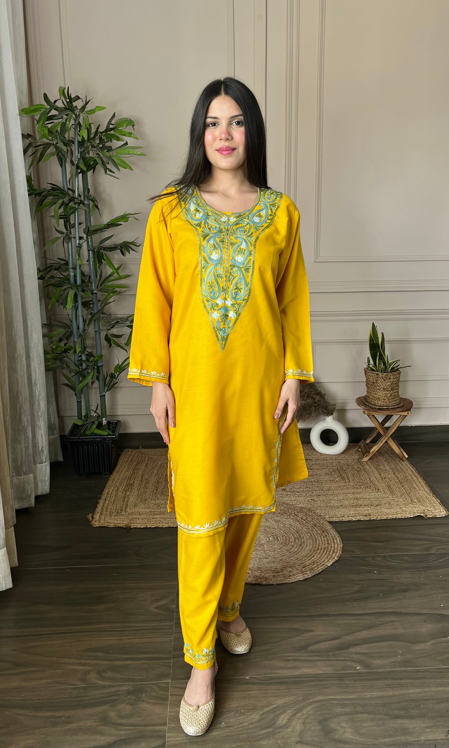 Mustard Aari Embroidered Cotton Co-ord Set