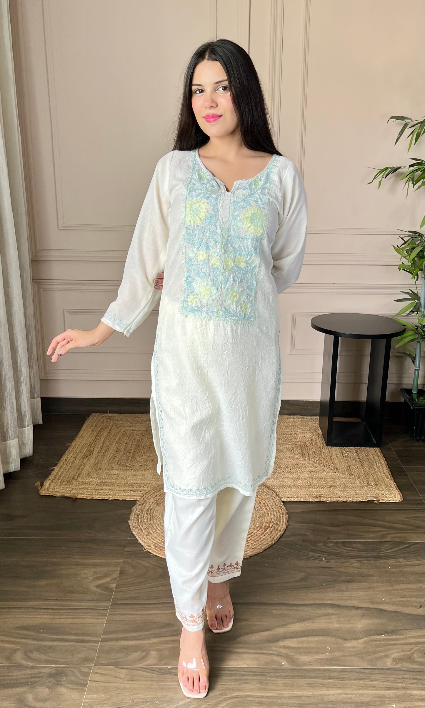 Summer Breeze Aari Embroidered White Crushed Cotton Kurti