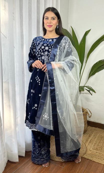 Deep Blue Velvet Suit with Flowing Dupatta