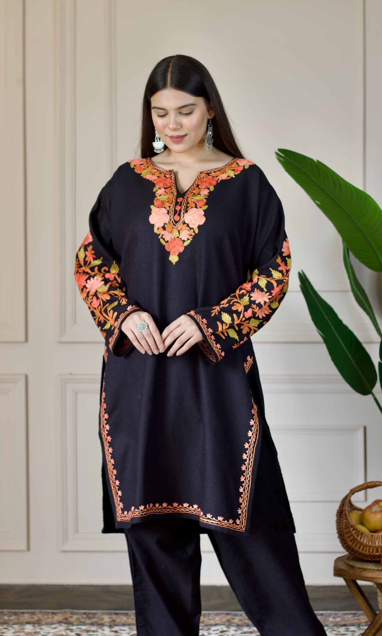 Black Kashmiri Aari Woollen Co-ord Set - Saffron Glow