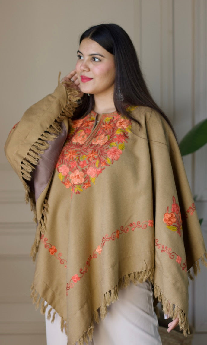 Light Brown Aari Embroidered Fine Cashmilon Poncho