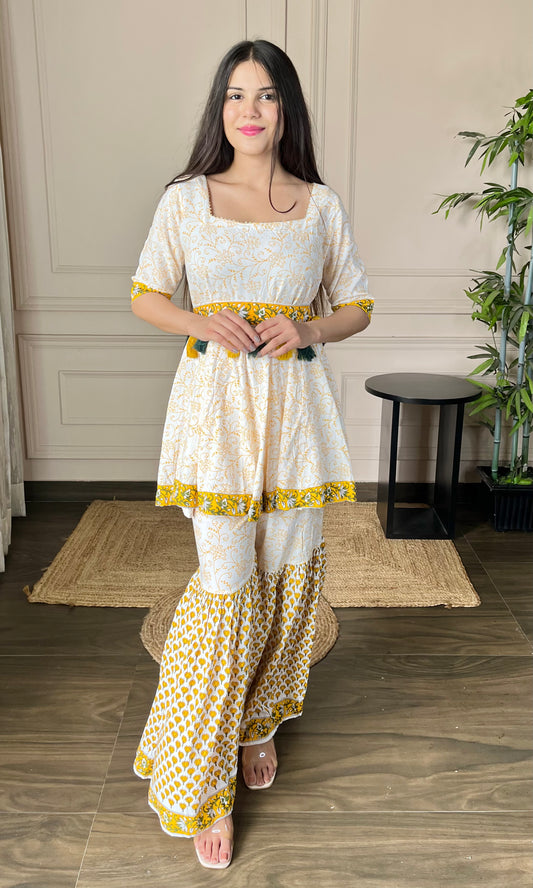 Yellow Printed Cotton Sharara Set With Belt