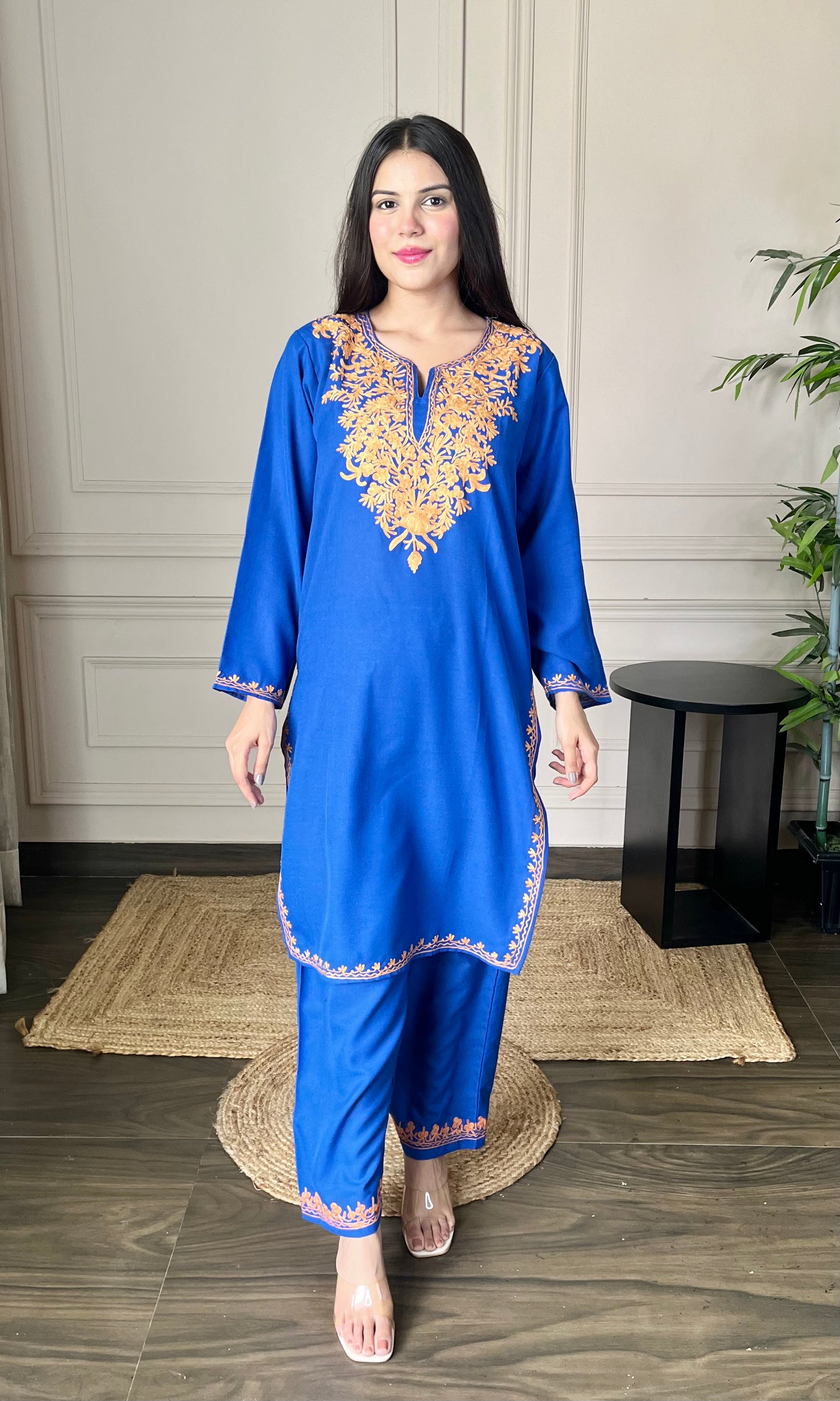 Blue Aari Embroidered Cotton Co-ord Set with Bronze Accents