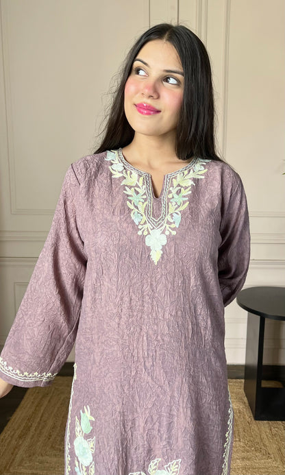 Mauve Aari Embroidered Crushed Cotton Kurti