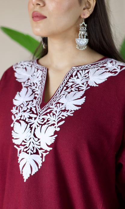 Deep Wine Cashmilon Pheran with White Aari Embroidery