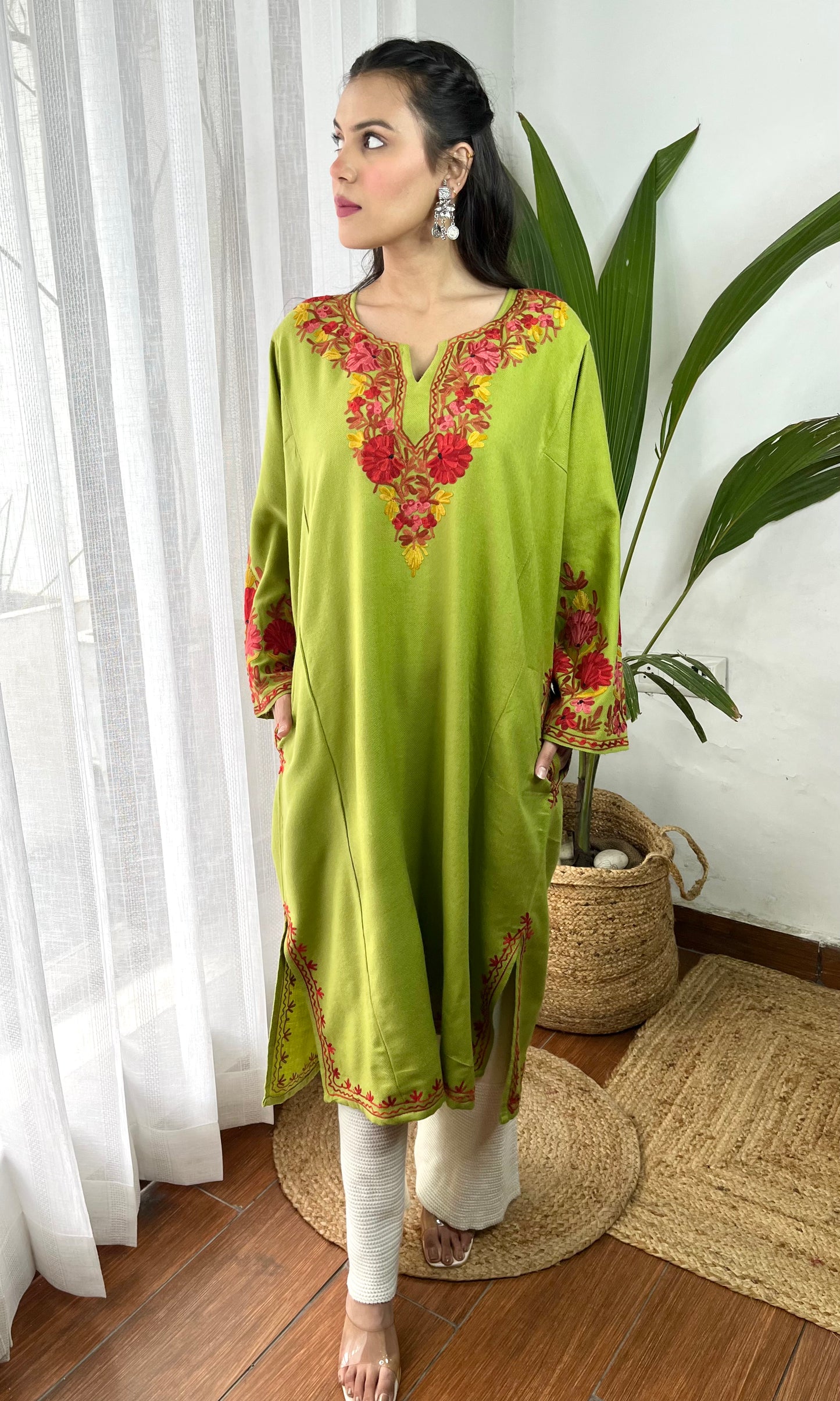 Parrot Green Bliss Pink Aari Embroidered Fine Cashmilon Pheran