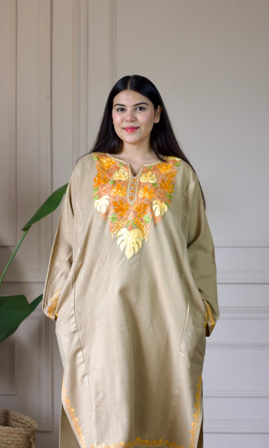 Beige Marigold Aari Embroidered Fine Cashmilon Pheran