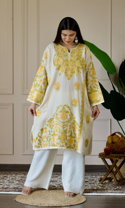 Ivory Bloom Yellow Aari Embroidered Wool Pheran