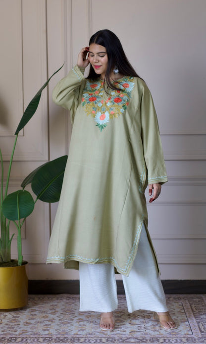 Beige Aari Embroidered Fine Cashmilon Pheran