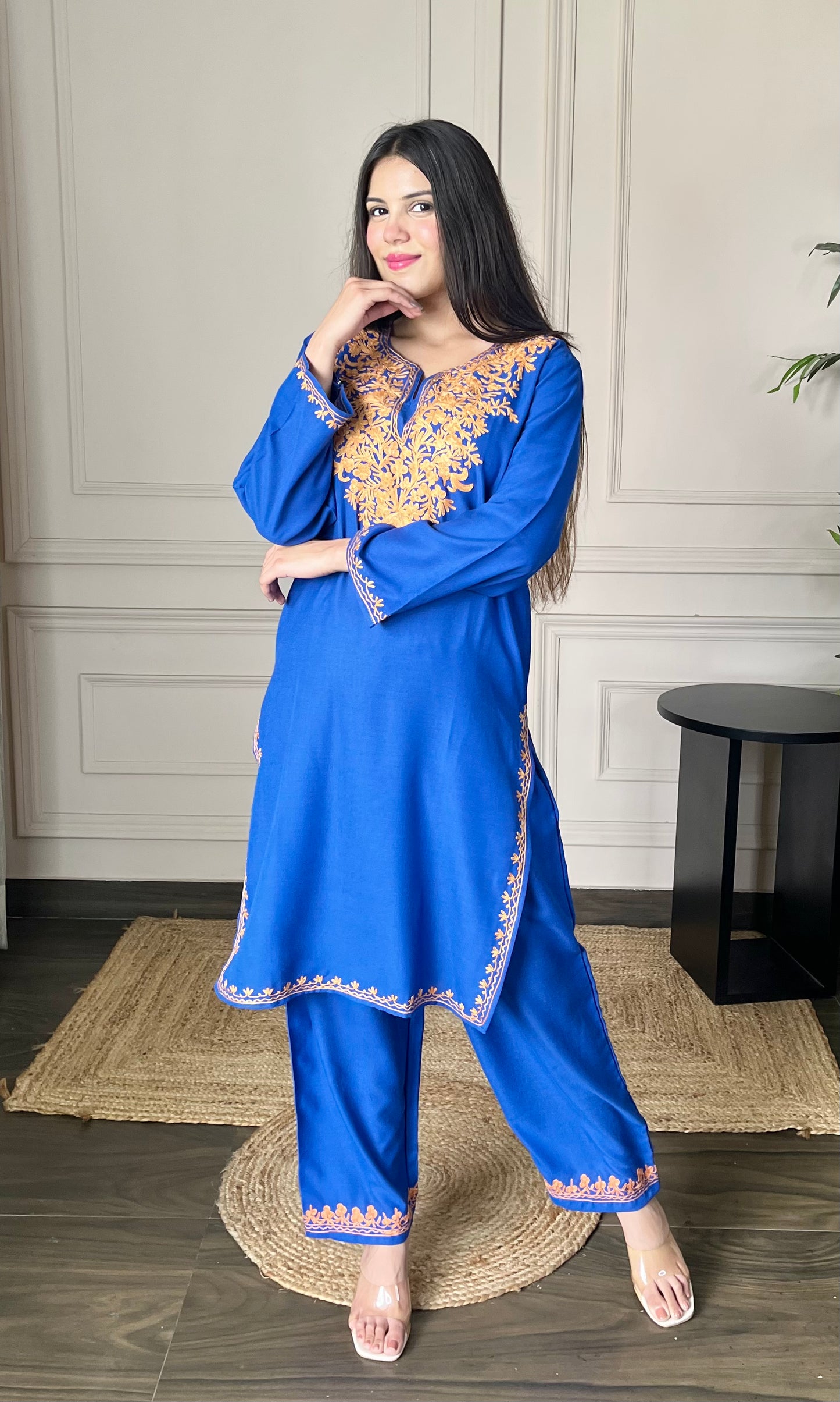 Blue Aari Embroidered Cotton Co-ord Set with Bronze Accents